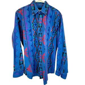 Vintage 80's Wrangler Brushpopper Aztec Tribal Western Rodeo Blue Shirt Size Lg